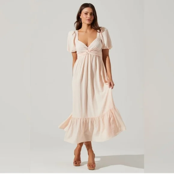 New ASTR The Label Tie Back Puff Sleeve Cream Midi Dress Medium NWT